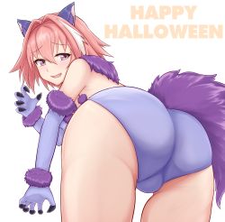 1boy animal_ears ass astolfo_(fate) cat_ears claws elbow_gloves fate/apocrypha fate_(series) from_behind fur_trim gloves hair_between_eyes hair_intakes happy_halloween highres looking_back multicolored_hair open_mouth panties patyu3 pink_hair simple_background solo streaked_hair tail trap underwear white_background white_hair rating:Questionable score:25 user:Domestic_Importer