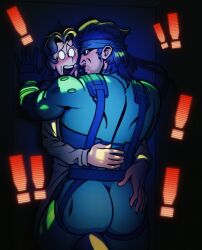  ! !! 2boys absurdres ass back black_gloves black_hair blue_bodysuit blush bodysuit facial_hair glasses gloves hal_emmerich hand_on_another&#039;s_ass headband highres lab_coat looking_at_viewer looking_back male_focus metal_gear_(series) metal_gear_solid miles_mandel multiple_boys open_mouth round_eyewear short_hair solid_snake tongue tongue_out yaoi 