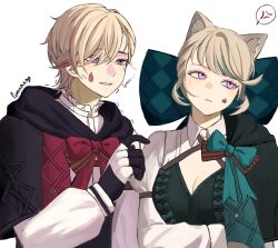  1boy 1girl anger_vein angry animal_ear_fluff animal_ears artist_name black_gloves blonde_hair blush bow bowtie breasts brother_and_sister cat_ears cat_girl character_name cleavage closed_mouth collared_shirt commentary english_commentary english_text facial_mark genshin_impact gloves green_bow highres hood jacket jewelry long_sleeves looking_at_viewer looking_to_the_side luminfch lynette_(genshin_impact) lyney_(genshin_impact) medium_breasts multicolored_hair no_headwear purple_eyes red_bow shirt short_hair siblings simple_background smile spoken_anger_vein star_(symbol) star_facial_mark streaked_hair sweat teardrop_facial_mark upper_body white_background 