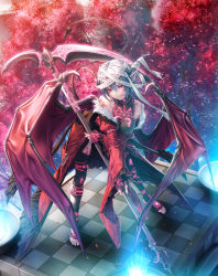 1girl arm_belt bandaged_head bandages bare_shoulders barefoot belt bent_over between_breasts black_legwear blue_fire breasts checkered_floor closed_mouth coat cross demon_girl demon_horns demon_tail demon_wings facial_mark fingernails fire frills fur_trim glowing hair_between_eyes highres holding holding_weapon horn_ornament horns jewelry large_breasts legs_apart locket long_sleeves looking_at_viewer off_shoulder original pendant petals pointy_ears red_coat red_eyes rezi scythe sharp_fingernails sharp_toenails short_hair silver_hair skin_tight sleeveless smile smirk solo spell standing tail tassel tattoo thigh_strap toeless_legwear toenails toes tree turtleneck weapon wide_sleeves wings rating:Sensitive score:19 user:danbooru