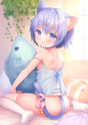 1girl :o animal_ear_fluff animal_ears ass bare_arms bare_shoulders bell blue_camisole bottomless bow camisole cat_ears cat_girl cat_tail commentary_request day fish_hair_ornament from_behind hair_between_eyes hair_ornament highres indoors jingle_bell loli looking_at_viewer looking_back moe2021 no_shoes original parted_lips pink_bow polka_dot polka_dot_camisole purple_eyes purple_hair saliva sitting soles solo strap_slip stuffed_animal stuffed_fish stuffed_toy sunlight tail tail_bow tail_ornament thighhighs usashiro_mani wariza white_thighhighs window rating:Questionable score:103 user:danbooru