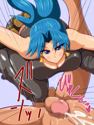  1girl ball_busting bdsm blue_eyes blue_hair blush breasts cbt censored cleavage clothed_female_nude_male crotch_kick cum downblouse earrings ejaculation emphasis_lines explosive grenade highres huge_breasts jewelry kneeing leona_heidern long_hair mosaic_censoring nude penis ponytail pov sennen_komodo solo_focus tank_top testicles the_king_of_fighters 