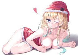  1girl ;) aizawa_ema bare_shoulders blonde_hair blue_eyes blue_hair blunt_bangs blush breasts cat_earrings cat_hat_ornament christmas collarbone dress fur-trimmed_dress fur_trim gradient_hair hair_flaps hat heart highres hqppy0120 large_breasts long_hair looking_at_viewer lying multicolored_hair on_stomach one_eye_closed parted_lips red_dress santa_dress santa_hat short_dress smile solo strapless strapless_dress thighs tube_dress virtual_youtuber vspo! 