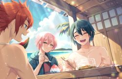  1girl 2boys beach black_hair blue_eyes blue_sky blush chopsticks closed_eyes cloud commentary_request day eyelashes food hair_between_eyes happy highres holding holding_chopsticks hood hoodie jack_jeanne justice0916 laughing light_particles looking_at_viewer multiple_boys open_mouth orimaki_suzu pink_hair profile red_hair short_hair sky smile summer sun table tachibana_kisa teeth topless_male upper_body wooden_table yellow_eyes yonaga_soushirou 
