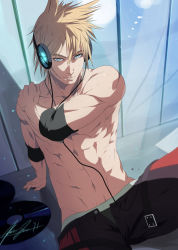  1boy abs absurdres aged_up blonde_hair blue_eyes boxers elbow_pads headphones highres klnothincomin male_focus male_underwear manly mazjojo mazo_xeysbulc md5_mismatch muscular navel record short_hair signature solo topless_male unbuttoned underwear  rating:Questionable score:34 user:danbooru