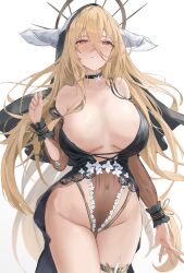  1girl absurdres azur_lane black_choker blonde_hair breasts breasts_apart choker chunchilin collarbone covered_navel cowboy_shot flower groin habit highres implacable_(azur_lane) large_breasts long_hair parted_lips red_eyes see-through see-through_sleeves simple_background single_thighhigh solo strap_slip thigh_gap thighhighs thighlet thighs very_long_hair white_background white_flower 