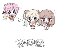  17_(i77_com) 3girls :o ahoge anyoji_hime aqua_neckerchief arrow_(symbol) black_ribbon blonde_hair blue_eyes blue_hair blunt_bangs brown_dress brown_footwear brown_hair chibi chibi_only dress flower food fujishima_megumi gradient_hair hair_flower hair_ornament hair_ribbon hashtag-only_commentary hasu_no_sora_school_uniform heart holding holding_food jacket light_blue_hair link!_like!_love_live! long_hair long_sleeves looking_at_another love_live! medium_dress mira-cra_park! multi-tied_hair multicolored_hair multiple_girls neckerchief notice_lines open_clothes open_jacket open_mouth osawa_rurino parted_bangs pink_flower pink_hair pink_jacket pleated_dress ponytail purple_eyes ribbon sailor_collar sailor_dress school_uniform sidelocks solid_circle_eyes swept_bangs taiyaki twintails two-handed two_side_up virtual_youtuber wagashi watching white_background white_sailor_collar winter_uniform yellow_neckerchief 