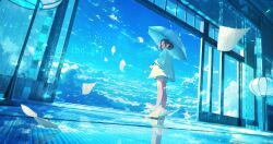  1girl absurdres blue_sky blue_theme blue_umbrella brown_hair character_request cloud cloudy_sky commentary_request copyright_request english_text floral_print highres holding holding_umbrella lifeline_(a384079959) looking_back paper reflection short_hair short_shorts shorts sky solo tatami umbrella white_footwear 