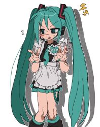  1girl adapted_costume alternate_costume apron averting_eyes bent_v black_shirt black_skirt blue_eyes blue_hair blue_nails blue_necktie collared_shirt double_v drop_shadow embarrassed enmaided fang feet_out_of_frame flying_sweatdrops forced_smile hair_ornament hands_up hatsune_miku headset highres jwnn leg_warmers long_hair looking_to_the_side maid maid_apron miniskirt name_tag necktie open_mouth ringed_eyes shirt shoulder_tattoo shout_lines simple_background skirt sleeveless sleeveless_shirt solo tattoo twintails v v-shaped_eyebrows very_long_hair vocaloid white_apron white_background  rating:Sensitive score:5 user:danbooru