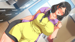  1girl :d apron arm_behind_back black_hair black_shorts blush breasts counter dutch_angle ear_piercing gaki_ni_modotte_yarinaoshi hair_ornament hair_scrunchie highres huge_breasts kettle kitchen looking_at_viewer marron_marron mature_female medium_hair non-web_source open_mouth piercing purple_shirt rice_cooker scrunchie sera&#039;s_mother_(gaki_ni_modotte_yarinaoshi) shirt shorts side_ponytail sidelocks smile solo stove sweater t-shirt thick_thighs thighs wide_hips window wooden_floor yellow_eyes  rating:Sensitive score:193 user:danbooru