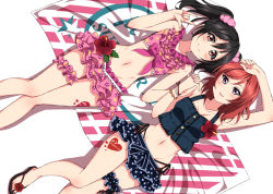 &gt;:) 10s 2girls bad_id bad_pixiv_id black_hair body_blush bow bracelet breasts bridal_garter buttons collarbone fashion floral_print flower frills fupe_(sealno108) groin hair_ornament hair_scrunchie holding_hands interlocked_fingers jewelry looking_at_viewer love_live! love_live!_school_idol_project lying m/ medium_breasts midriff miniskirt multiple_girls nail_polish navel nishikino_maki no_socks on_back open_mouth panties parted_lips pink_hair polka_dot polka_dot_skirt print_skirt purple_eyes red_eyes sandals scrunchie side-tie_panties skirt tattoo thigh_gap toenail_polish toenails toes twintails underwear v-shaped_eyebrows yazawa_nico rating:Sensitive score:32 user:danbooru