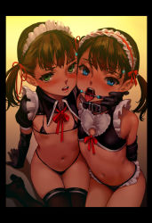 2girls arm_support arms_behind_back as109 bare_shoulders bdsm bikini black_gloves black_legwear blue_eyes blush bondage bound bow brown_hair censored city_no.109 collar crop_top elbow_gloves emerald_(as109) flat_chest frills from_above full-face_blush gag gloves gradient_background green_eyes hair_ribbon hand_on_another&#039;s_chin high_heels highres hug indoors kneeling legs_together lips loli looking_at_viewer looking_up maid maid_bikini maid_headdress micro_bikini mole mole_under_mouth multiple_girls navel official_art open_mouth original parted_lips pov red_bow red_ribbon restrained ribbon ring_gag saliva sapphire_(as109) sexual_coaching short_hair short_twintails siblings sisters sitting slave smile solo_focus swimsuit thighhighs tongue tongue_clamp tongue_out twins twintails unconventional_maid wariza rating:Questionable score:689 user:danbooru