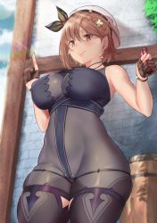 1girl aster_crowley atelier_(series) atelier_ryza atelier_ryza_2 bare_shoulders barrel belt blue_sky blush bodysuit braid breasts brown_belt brown_eyes brown_gloves brown_hair building cameltoe cleft_of_venus closed_mouth cloud commentary cosplay covered_erect_nipples cowboy_shot day earrings from_below glint gloves groin hair_between_eyes hair_ornament hairclip hat highres holding index_finger_raised jewelry large_breasts leather leather_gloves lila_decyrus lila_decyrus_(cosplay) nail_polish necklace outdoors partially_fingerless_gloves reisalin_stout short_hair sidelocks skindentation sky sleeveless sleeveless_bodysuit smile solo standing star_(symbol) star_earrings thick_thighs thighs vial w_arms white_hat rating:Questionable score:170 user:danbooru