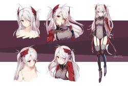 1girl ahoge armpit_cutout azumi_akitake azur_lane blush breasts closed_mouth clothing_cutout collarbone commentary_request cross finger_to_mouth garter_straps gloves grey_jacket hair_between_eyes headgear highres iron_cross jacket long_hair looking_at_viewer medium_breasts messy_hair mole mole_on_breast multiple_views orange_eyes parted_lips prinz_eugen_(azur_lane) sideboob silver_hair smile thighhighs twintails two_side_up rating:Sensitive score:20 user:danbooru