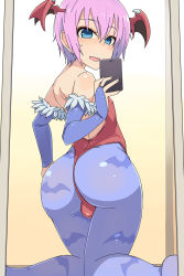  1boy ass back backless_outfit bare_shoulders bat_(animal) bat_wings blue_eyes blue_pantyhose blush bridal_gauntlets cellphone crossdressing demon_boy eyeshadow from_behind head_wings highres huge_ass kinta_(kinta_no_mousou) leotard lilith_aensland makeup male_focus mirror open_mouth pantyhose phone pink_hair reflection selfie shiny_clothes shiny_skin short_hair skin_tight smile solo sweatdrop thong_leotard trap vampire_(game) wings  rating:Questionable score:64 user:armorcrystal