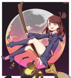  1girl ass black_footwear blush boots broom broom_riding brown_hair high_heel_boots high_heels highres jack-o&#039;-lantern kagari_atsuko knee_boots little_witch_academia long_hair once_11h open_mouth red_eyes smile solo teeth twitter_username upper_teeth_only 