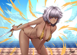  1girl adsouto animal_print bikini breasts character_request collarbone covered_erect_nipples cutie_honey cutie_honey_universe dark-skinned_female dark_skin grey_hair hand_on_own_thigh highres holding holding_sword holding_weapon large_breasts leaning_forward leopard_print looking_at_viewer navel purple_eyes short_hair signature smile solo swimsuit sword variant_set weapon 