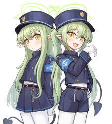  2girls armband black_hat black_jacket black_shorts blue_archive blush breasts buttons cropped_jacket demon_tail double-breasted earrings gloves green_hair halo hat highres hikari_(blue_archive) jacket jewelry long_hair long_sleeves looking_at_viewer multiple_girls nozomi_(blue_archive) open_mouth pantyhose peaked_cap pointy_ears shorts sidelocks small_breasts smile sookmo tail thighs very_long_hair white_gloves white_pantyhose yellow_eyes 