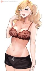  1girl :o absurdres arm_at_side black_shorts blonde_hair blue_eyes bra breasts collarbone cowboy_shot fang hand_up highres large_breasts long_hair navel nero_watch no_shirt open_mouth patreon_username persona persona_5 red_bra short_shorts shorts simple_background solo stomach strap_slip takamaki_anne tears twintails underwear waking_up watermark wavy_hair web_address white_background yawning 