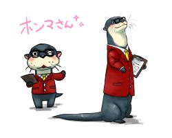  animal animal_crossing animal_ears blush denmoko furry glasses lyle_(animal_crossing) necktie nintendo one_eye_closed open_mouth otter otter_ears otter_tail simple_background solo sparkle tail white_background 