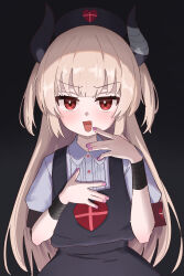  1girl absurdres apron bandaged_arm bandages black_apron black_background black_hat blonde_hair blush hat heart highres horns long_hair looking_at_viewer natori_sana nurse_cap open_mouth porty_ramram puffy_short_sleeves puffy_sleeves red_eyes sana_channel shirt short_sleeves sidelocks simple_background solo two_side_up upper_body very_long_hair virtual_youtuber white_shirt 