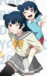  2girls ;d absurdres aged_down black_feathers black_thighhighs blue_hair blue_shirt bow bowtie carrying feather_hair_ornament feathers flower grey_sailor_collar grey_skirt grin hair_bun hair_ornament hand_on_another&#039;s_shoulder highres long_sleeves looking_at_viewer love_live! love_live!_sunshine!! miniskirt multiple_girls one_eye_closed open_mouth piggyback pleated_skirt red_eyes red_shorts sailor_collar school_uniform shirt short_hair shorts single_hair_bun single_side_bun skirt smile socks sweatdrop thighhighs tsushima_yoshiko uranohoshi_school_uniform v vorupi white_socks yellow_bow yellow_bowtie yellow_flower zettai_ryouiki 