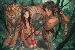1boy 1girl animal barefoot black_hair breasts cape dark_skin facial_mark feet flower forehead_mark green_eyes hibiscus highres holding holding_spear holding_weapon kneeling long_hair nature original outdoors pelvic_curtain polearm serious topless_male short_hair smile spear tiger toes tribal uedrk_yamato weapon rating:Sensitive score:45 user:Dweenie