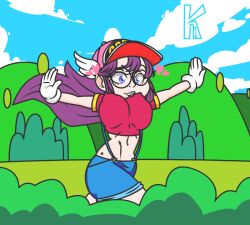  aged_up animated animated_gif artist_name blue_eyes bouncing_breasts breasts bush cloud dr._slump gloves grass hat heart hill k_toon large_breasts midriff navel nipples norimaki_arale overall_shorts overalls purple_hair running signature sky smile tree winged_hat  rating:Questionable score:15 user:Sonofgaia