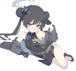  1girl absurdres black_dress black_gloves black_hair blue_archive breasts butterfly_hair_ornament china_dress chinese_clothes closed_mouth coat double_bun dragon_print dress gloves grey_coat grey_eyes hair_bun hair_ornament highres kisaki_(blue_archive) long_hair long_sleeves looking_at_viewer open_clothes open_coat ruiyuzawa simple_background sleeveless sleeveless_dress small_breasts solo striped_clothes striped_coat twintails vertical-striped_clothes vertical-striped_coat white_background 