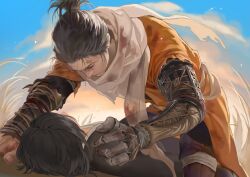  2boys arm_support black_hair black_kimono blood blood_on_clothes blue_sky boy_on_top cloud coat commentary english_commentary grass japanese_clothes kimono kuro_the_divine_heir kwiaty_k lying mechanical_arms multiple_boys ninja on_back orange_coat prosthesis prosthetic_arm scarf sekiro sekiro:_shadows_die_twice single_mechanical_arm sky topknot torn_clothes torn_coat white_scarf 