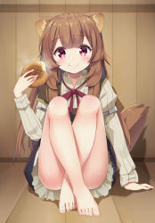 1girl :t animal_ears barefoot blush bow brown_dress brown_hair closed_mouth commentary dress eating feet food holding holding_food ikazu401 legs long_hair long_sleeves looking_at_viewer raccoon_girl raphtalia red_bow red_eyes sitting sleeveless sleeveless_dress smile solo tail tate_no_yuusha_no_nariagari toenails very_long_hair wooden_floor wooden_wall rating:Sensitive score:61 user:danbooru