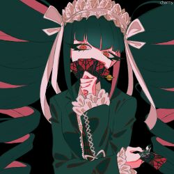  1girl artist_name black_background black_hair black_jacket black_nails blunt_bangs bonnet card celestia_ludenberg charmy-s-thing colored_inner_hair danganronpa:_trigger_happy_havoc danganronpa_(series) drill_hair earrings eyelashes frilled_sleeves frills gold gold_earrings goth_fashion gothic_lolita hairband head_tilt holding holding_card jacket jewelry lace lace-trimmed_headwear lace-trimmed_sleeves lace_trim lolita_fashion lolita_hairband long_eyelashes looking_at_viewer maid_headdress multicolored_hair nail_polish necktie playing_card print_necktie red_eyes red_hair red_necktie ring sidelocks simple_background solo sphere_earrings thick_eyelashes twin_drills two-tone_hair upper_body  rating:General score:4 user:danbooru