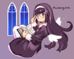  1girl aubergine book glasses original purple_hair reading solo tagme yu_3 