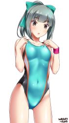 1girl alternate_hairstyle aqua_one-piece_swimsuit artist_name brown_eyes competition_swimsuit covered_navel dated flat_chest grey_hair highres kantai_collection looking_down one-piece_swimsuit open_mouth ponytail short_hair simple_background solo standing swimsuit thigh_gap tsuchimiya white_background wristband yuubari_(kancolle) rating:Sensitive score:22 user:danbooru