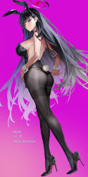  1girl animal_ears ass back bare_shoulders black_footwear black_hair black_leotard blue_archive blush breasts closed_mouth detached_collar fake_animal_ears fake_tail from_behind full_body high_heels highres large_breasts leotard leotard_removed long_hair looking_at_viewer looking_back miyazakisoul panties panties_over_pantyhose panty_pull pantyhose patent_heels playboy_bunny pumps rabbit_ears rabbit_tail red_eyes red_soles rio_(blue_archive) shoes sideboob simple_background solo standing stiletto_heels strapless strapless_leotard tail thighs topless underwear very_long_hair wrist_cuffs 