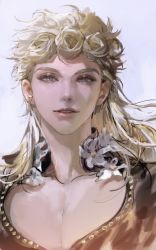  1boy blonde_hair daisy earrings flower giorno_giovanna grey_background hair_rings highres jewelry jojo_no_kimyou_na_bouken light_smile long_hair looking_at_viewer male_focus parted_lips simple_background solo vento_aureo vlfdus_0 white_flower  rating:Sensitive score:6 user:danbooru