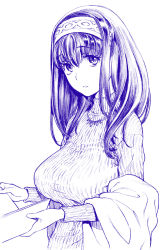 10s 1girl book breasts hairband highres hijiri_rei idolmaster idolmaster_cinderella_girls jewelry large_breasts long_hair looking_at_viewer monochrome necklace ribbed_sweater sagisawa_fumika simple_background solo sweater traditional_media upper_body white_background  rating:Sensitive score:8 user:danbooru
