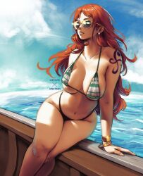  1girl artist_name bikini blue_sky breasts cloud collaboration collarbone commentary curvy day earrings english_commentary green_bikini jewelry large_breasts lips long_hair miss_faves nami_(one_piece) navel ocean on_railing one_piece orange_hair outdoors pearl_earrings railing shiny_skin shoulder_tattoo sidelighting sky solo sunbathing sunglasses sunlight swimsuit tattoo thong thong_bikini two-tone_bikini very_long_hair white_bikini wide_hips 