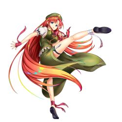  1girl beret black_footwear braid breasts full_body game_cg green_eyes green_hat green_skirt green_vest hat hat_ornament highres hong_meiling hong_meiling_(be_the_change) large_breasts leg_up long_hair looking_at_viewer orange_hair rotte_(1109) short_sleeves side_braids simple_background skirt solo standing standing_on_one_leg star_(symbol) star_hat_ornament third-party_source touhou touhou_lostword twin_braids very_long_hair vest white_background wristband 