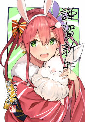  1girl 2023 :d animal animal_ears animal_hug bow chinese_zodiac commentary_request dreamlight2000 fake_animal_ears flower_knight_girl fur-trimmed_kimono fur_trim green_eyes hair_between_eyes hair_bow hair_ornament highres japanese_clothes kimono long_hair looking_at_viewer nengajou new_year open_mouth pink_hair rabbit rabbit_ears saffron_(flower_knight_girl) smile solo twintails upper_body year_of_the_rabbit 
