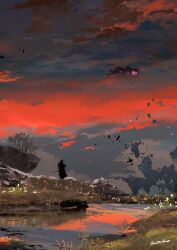  1other aircraft airship ambiguous_gender artist_name cloud cloudy_sky debris evening field final_fantasy final_fantasy_xiv grass highres orange_sky outdoors reflection reflective_water river scenery signature sky solo standing water wide_shot yabuka_shiwa 