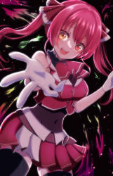  1girl blush breasts cleavage cropped_jacket gloves heterochromia highres hololive houshou_marine houshou_marine_(1st_costume) jacket large_breasts leotard leotard_under_clothes long_hair looking_at_viewer open_mouth red_eyes red_hair red_jacket ribbon ryunosuke0422 sleeveless sleeveless_jacket smile solo twintails virtual_youtuber white_gloves yellow_eyes 