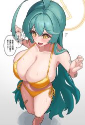  1girl absurdres ahoge bandaid bandaid_on_leg bare_arms bare_legs bare_shoulders barefoot bikini blue_archive blush breasts cleavage collarbone gold_bikini green_hair halo highres huge_breasts long_hair navel open_mouth side-tie_bikini_bottom simple_background solo speech_bubble suzume_b swimsuit translation_request white_background yellow_eyes yellow_halo yume_(blue_archive) 