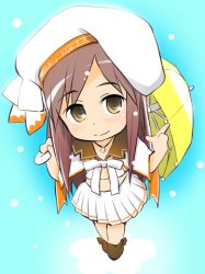 1girl blush bow brown_hair chibi hat jewelry looking_at_viewer lowres necklace skirt smile solo source_request umbrella wancho rating:Sensitive score:3 user:danbooru