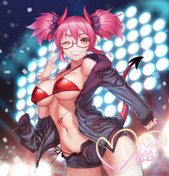 1girl bangle bare_shoulders bikini black_jacket black_shorts blurry blurry_background blush bracelet breasts character_name chromatic_aberration collarbone commentary_request covered_erect_nipples cowboy_shot demon_horns demon_tail depth_of_field drawstring grin groin hair_between_eyes hair_ornament hand_up horns idolmaster idolmaster_cinderella_girls jacket jewelry jougasaki_mika large_breasts lipstick long_sleeves looking_at_viewer makeup nail_polish navel night night_sky one_eye_closed open_clothes open_fly open_jacket orange-framed_eyewear orange_eyes outstretched_arm pink_hair pink_lips pink_nails pocket red-framed_eyewear red_bikini rotix semi-rimless_eyewear short_hair short_shorts short_twintails shorts side-tie_bikini_bottom sidelocks sky smile solo stage_lights standing strap_gap string_bikini swimsuit tail twintails unzipped v x_x rating:Questionable score:17 user:danbooru