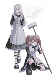  2girls absurdres apron black_dress black_footwear black_nails black_ribbon boots breasts broom cigarette commentary cross-laced_footwear dot_nose dress expressionless frilled_apron frills full_body grey_eyes hand_on_own_hip highres holding holding_broom holding_cigarette knee_boots kyano_(kyanora3141) lace-up_boots long_hair long_sleeves looking_at_viewer maid maid_apron maid_headdress medium_hair multiple_girls nail_polish neck_ribbon on_one_knee orange_eyes original pink_hair red_eyes ribbon ringed_eyes simple_background small_breasts smoke smoke_trail smoking squatting standing twintails white_apron white_background white_hair wrist_cuffs 