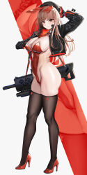 1girl absurdres animal_ears assault_rifle black_thighhighs breasts brown_hair cropped_jacket fake_animal_ears full_body goddess_of_victory:_nikke gun high_heels highres large_breasts leotard playboy_bunny rabbit_ears ramanda rapi_(nikke) red_eyes red_footwear red_leotard revealing_clothes rifle solo thighhighs thighs weapon  rating:Questionable score:116 user:danbooru