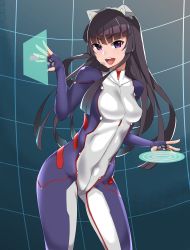  1girl absurdres animal_ears black_hair blue_bodysuit blunt_bangs bodysuit breasts cat_ears covered_navel fake_animal_ears female_focus fingerless_gloves gloves guilty_crown hand_up happy headset highres hime_cut long_hair looking_at_viewer medium_breasts multicolored_bodysuit multicolored_clothes neck open_mouth purple_eyes science_fiction skin_tight small_breasts smile solo standing star741 teeth tsugumi_(guilty_crown) two-tone_bodysuit upper_teeth_only white_bodysuit  rating:Sensitive score:18 user:Recoil