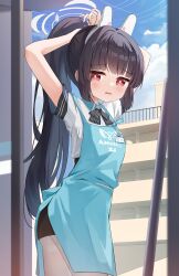 1girl adjusting_hair angel&#039;s_24_uniform_(blue_archive) animal_ears apron ass black_bow black_bowtie black_hair black_skirt blue_apron blue_archive blush bow bowtie bright_pupils collared_shirt cowboy_shot fake_animal_ears grey_halo halo highres long_hair looking_at_viewer miyu_(blue_archive) namoho82 open_mouth polo_shirt rabbit_ears red_eyes shirt short_sleeves skirt solo white_pupils white_shirt 