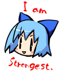  1girl artist_request blue_hair blush_stickers bow chibi cirno english_text female_focus hair_bow head lowres simple_background solo touhou white_background  rating:Sensitive score:2 user:danbooru